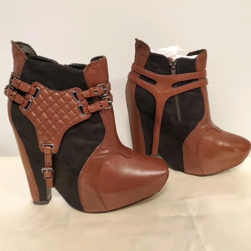 Sam Edelman Brown & Black Buckle Harness Zoe Leather Suede Wedge Ankle Boots sz9 - Picture 9 of 15